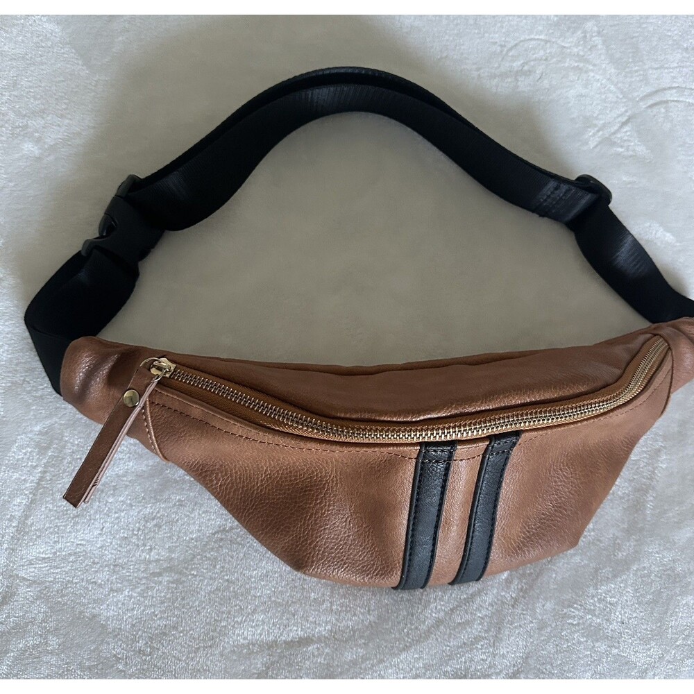 Sam Forever Cognac Pebbled Leather Sling Belt Bag Fanny Pack Varsity Stripe - Picture 6 of 7
